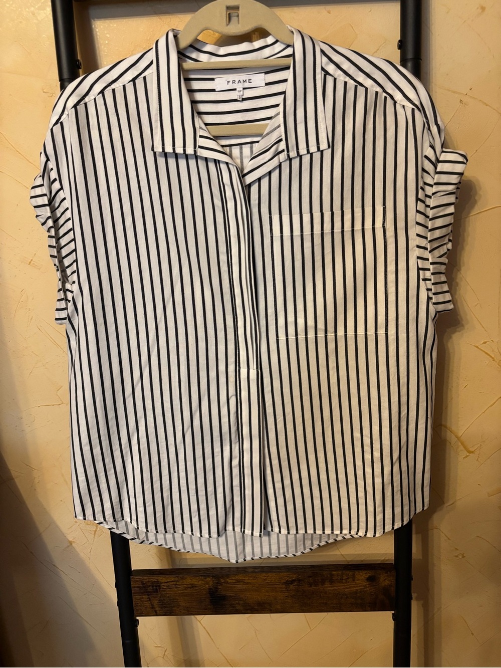 FRAME Black and White Vertical Stripe Button-Up Shirt Size S